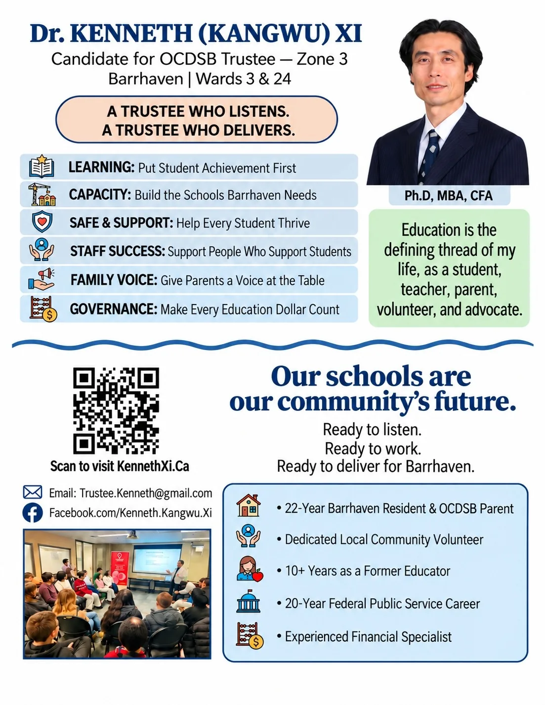 Campaign flyer for Dr. Kenneth (Kangwu) Xi, candidate for OCDSB Trustee, Zone 3: six platform priorities, his background, and contact details