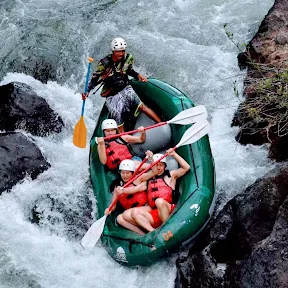 A whitewater rafting team paddling together